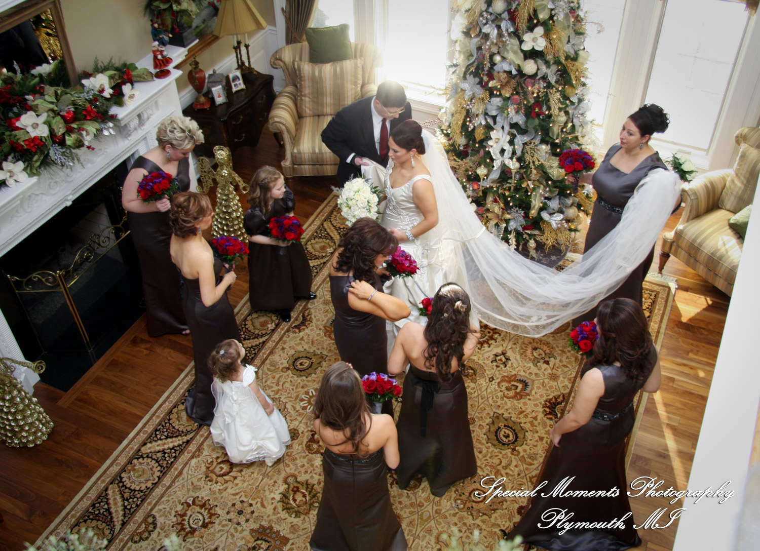 The couple at home getting ready wedding photograph