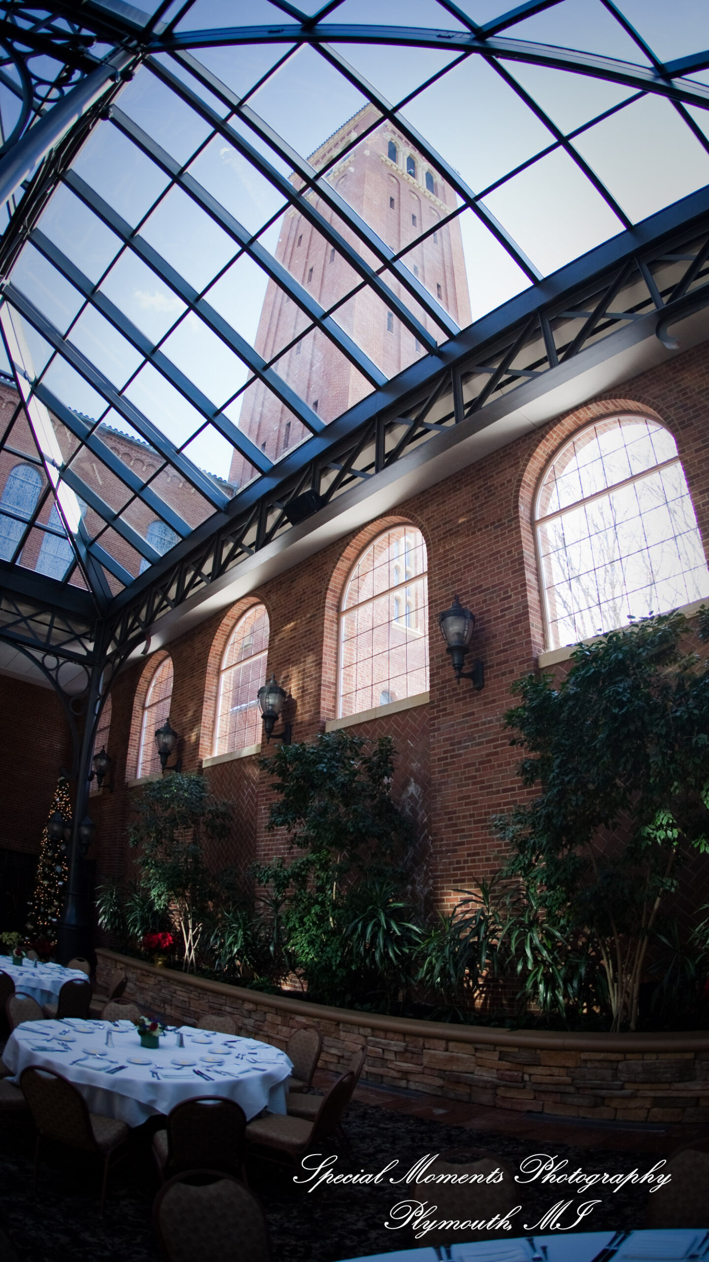 The couple at St. John's Resort Atrium Ballroom Plymouth MI wedding photograph