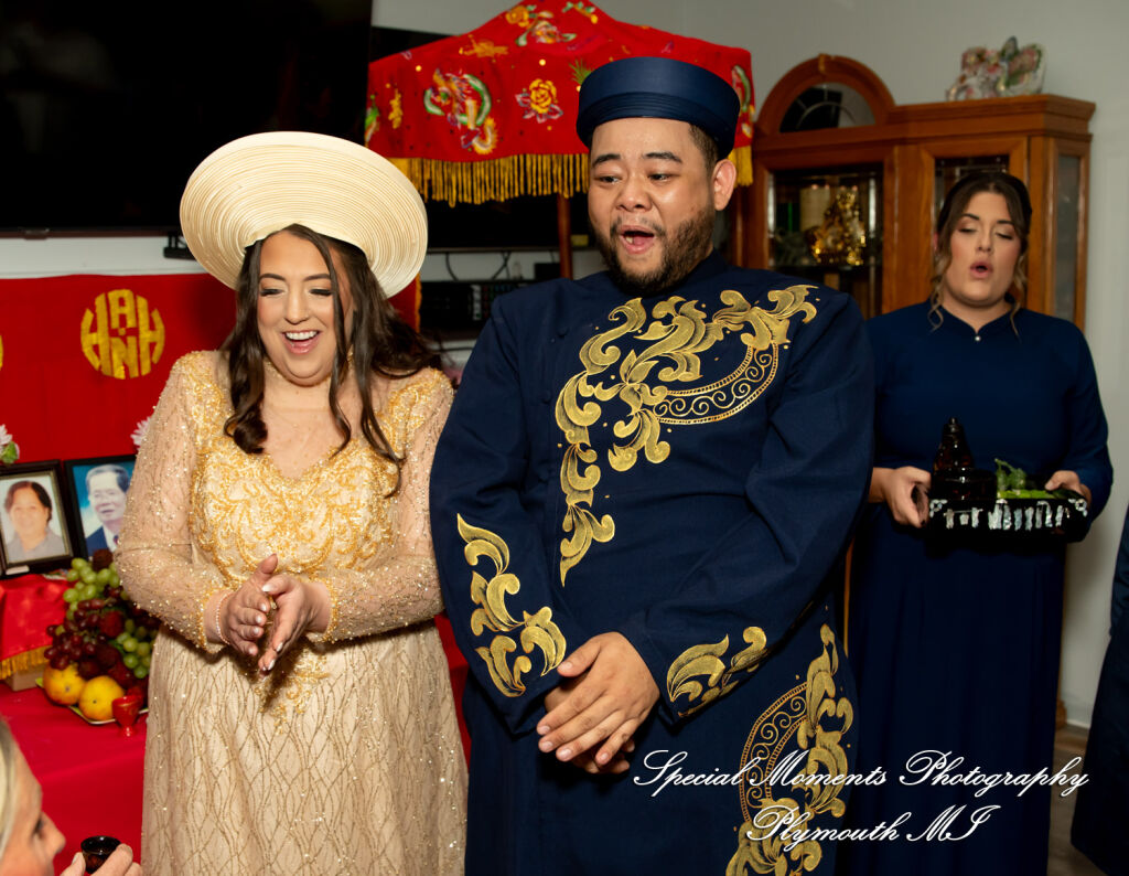 Jimmy & Gina at Jimmy and Gina wear traditional ceremonial Korean hanbok garments during an intimate family Paebaek ceremony in Troy MI. Jimmy & Gina at Jimmy and Gina wear traditional ceremonial Korean hanbok garments during an intimate family Paebaek ceremony in Troy MI.