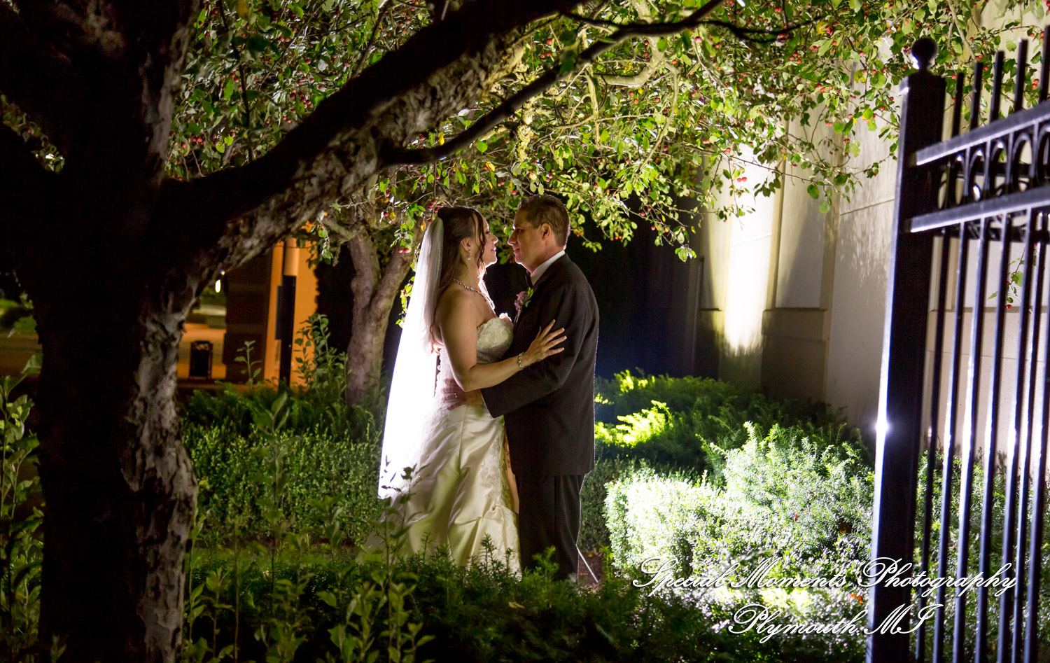 Creative late night outdoor wedding portrait silhouette of Tonya and Kevin using custom lighting at Crystal Gardens in Howell MI.